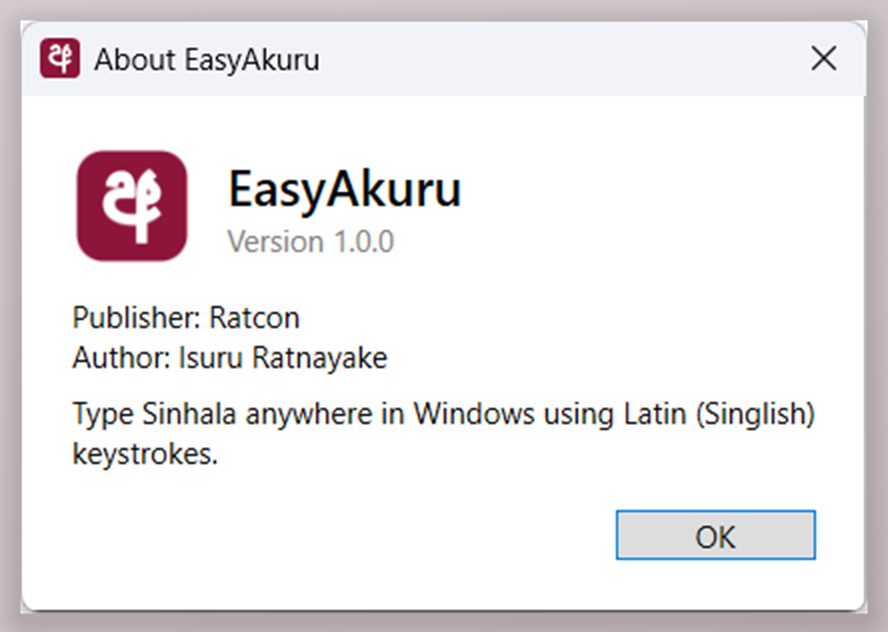 The About EasyAkuru window: version 1.0.0, publisher Ratcon, author Isuru Ratnayake.