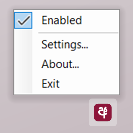 The EasyAkuru tray menu with Enabled checked, and Settings, About and Exit items.